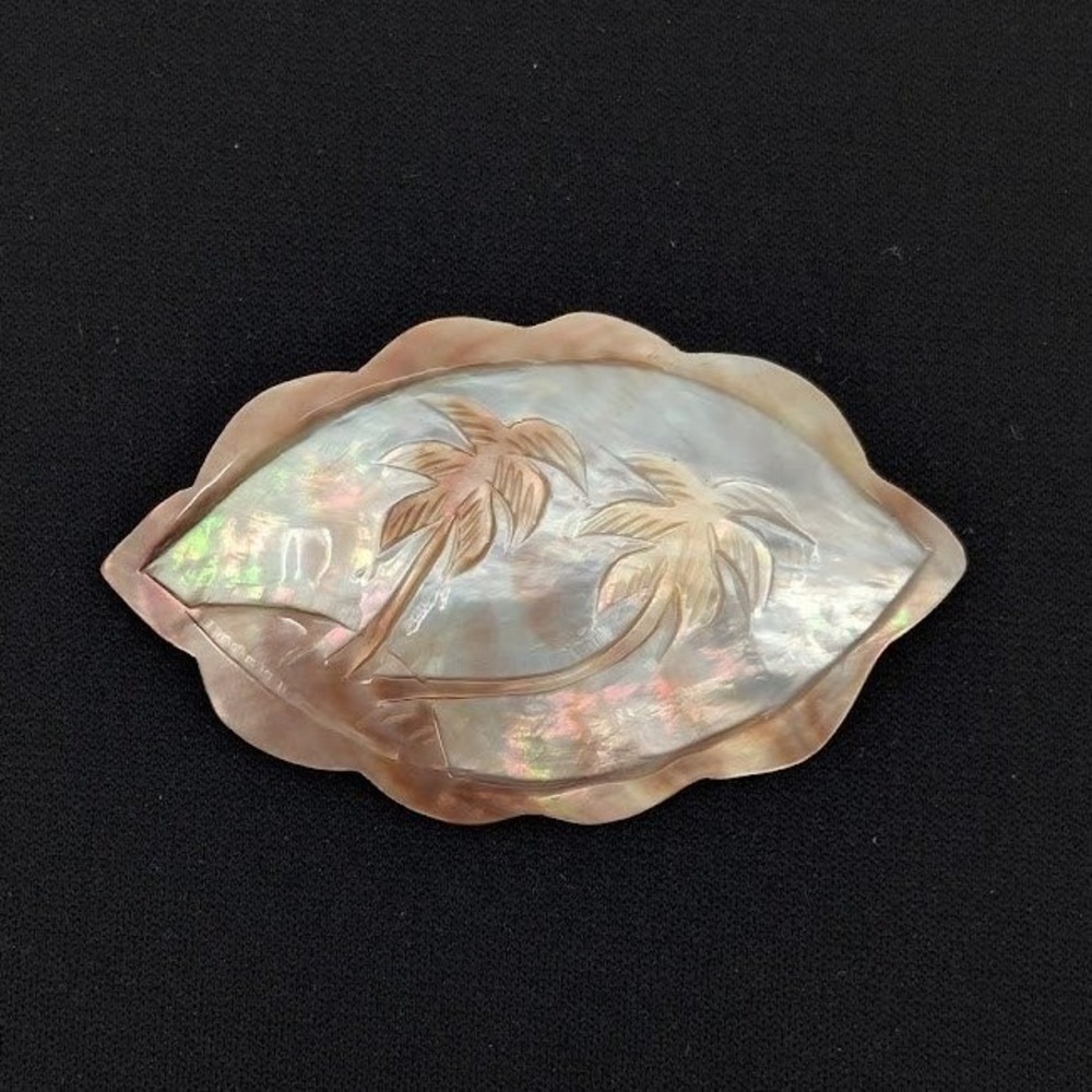 VTG Palm Tree Brooch Mother of Pearl Hand Carved Shell Tropical Iridescent